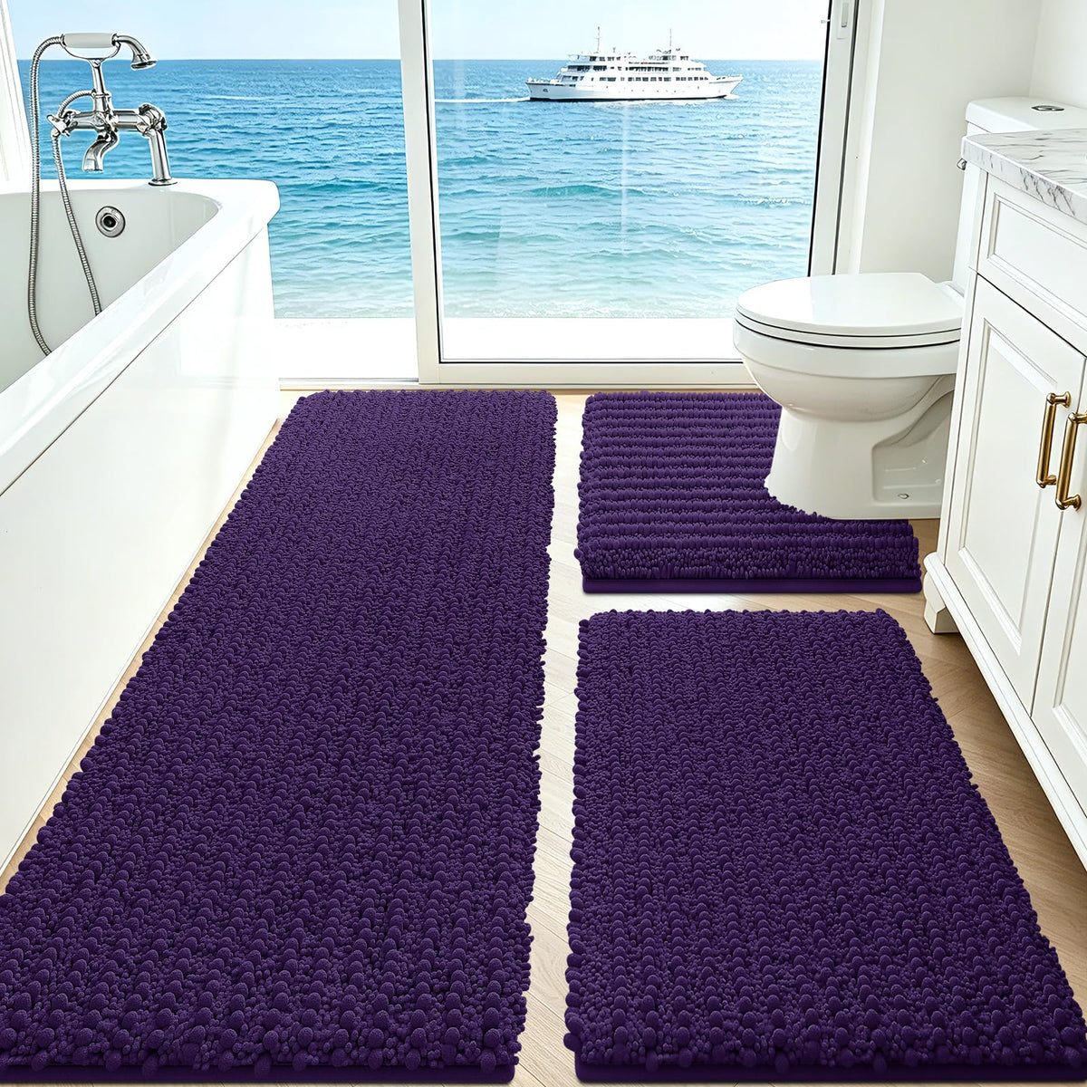 ACCUMTEK Upgrade Extra Large Black Bathroom Rug Set 3 Pieces Ultra Soft, Thick Absorbent Bath Mats, Non Slip Chenille Toilet Mat for Bathroom, Bedroom, Kitchen