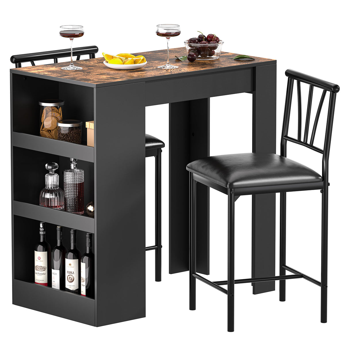 VECELO Small Bar Table and Chairs Tall Kitchen Breakfast Nook with Stools/Dining Set for 2, Storage Shelves, Space-Saving, Gray