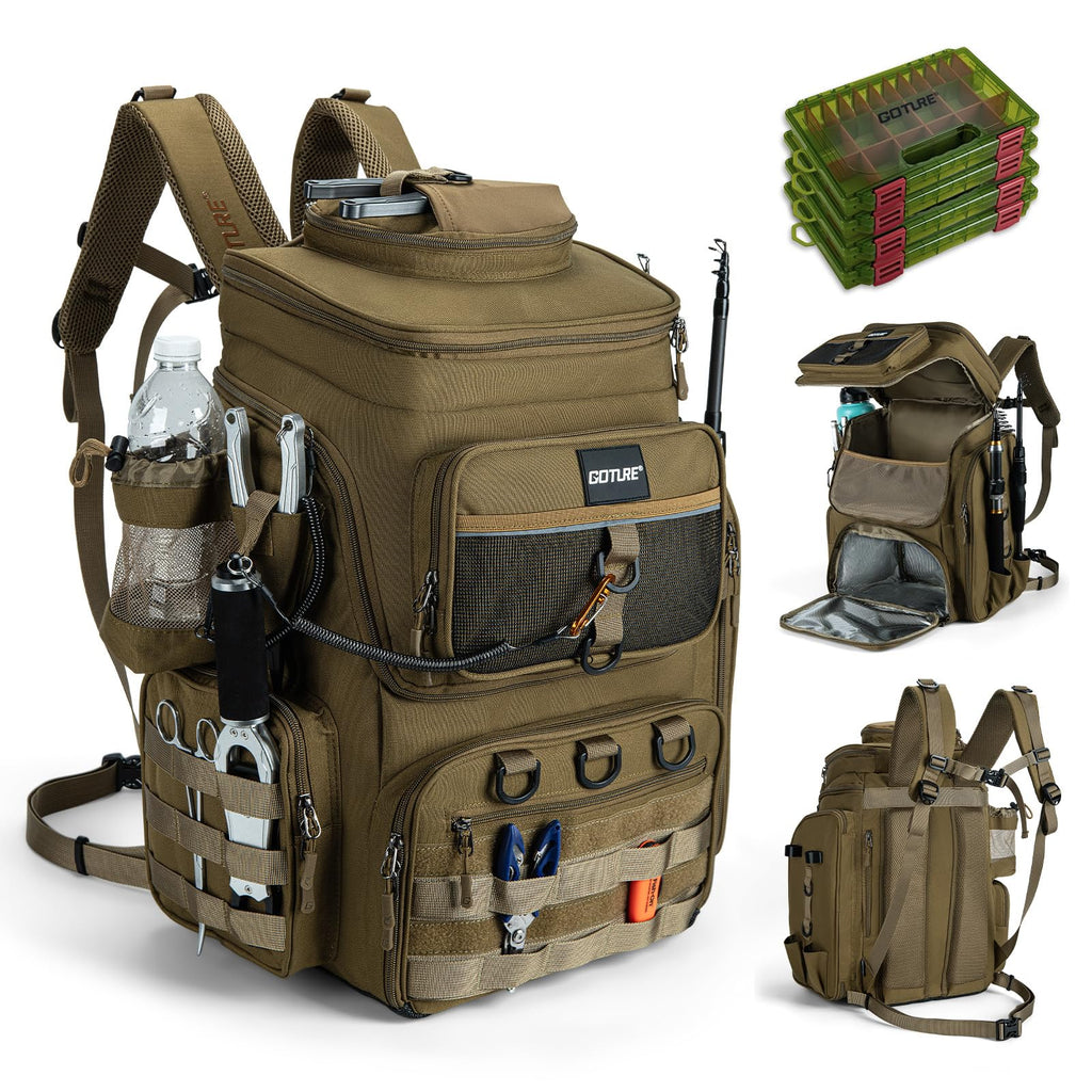 Goture Fishing Backpack with 4 Tackle Boxes,55L Tackle Backpack with Cooler