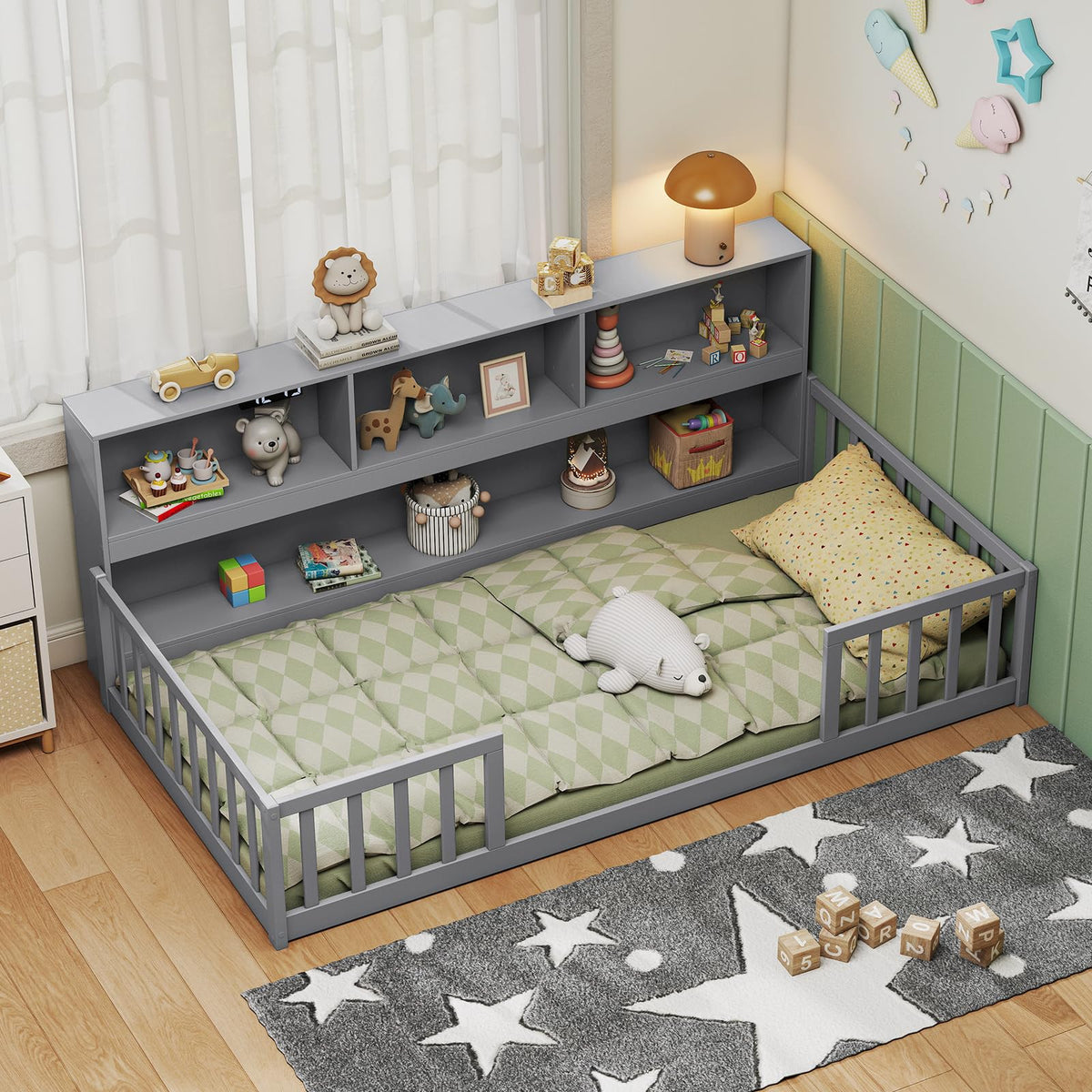 GIANTEX Full Size Floor Bed for Kids, Wooden Montessori Bed Frame with Bookcase, Storage Shelves & Safety Fence Rails, Floor Beds Full for Girls, Boys, No Box Spring Needed, Without Slats, Natural