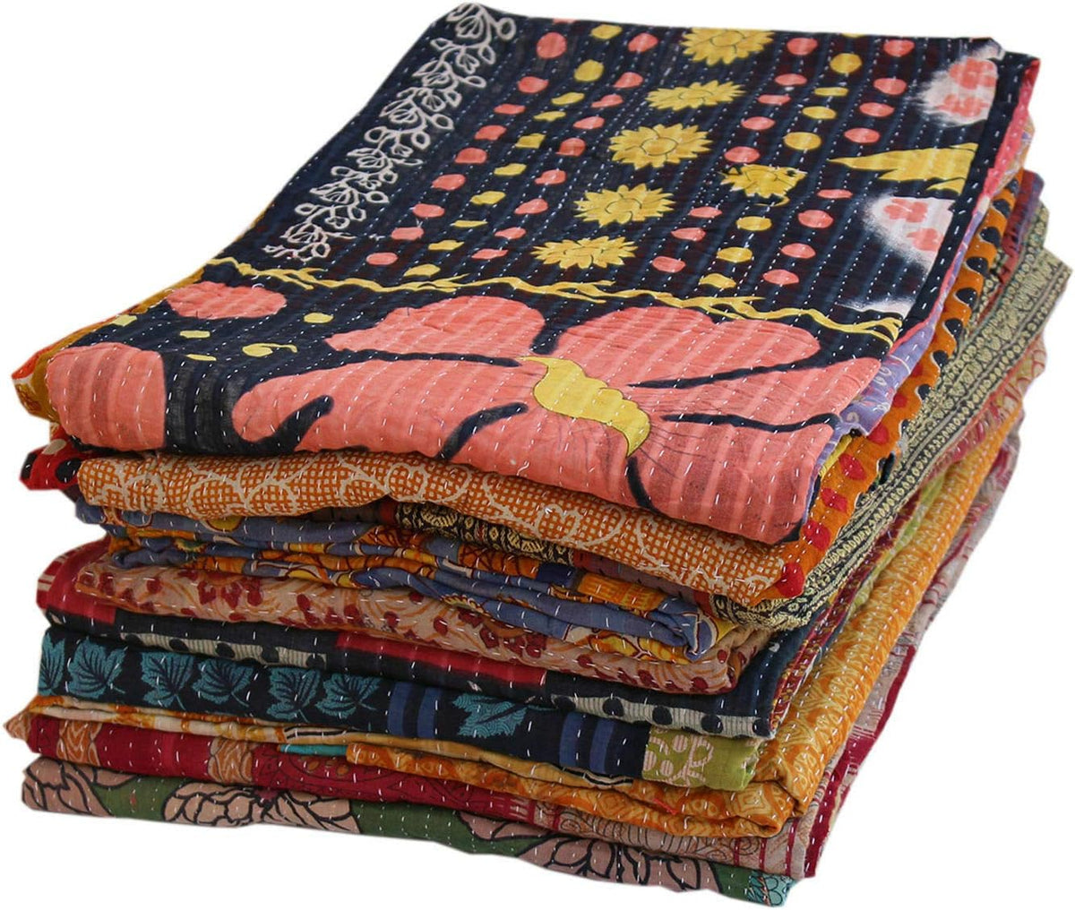 Handmade Vintage Kantha Quilt 3-Layer Cotton Blanket, Bohemian Kantha Throw, Reversible Patchwork Gudari Blanket for Bed, Couch, Sofa (54 x 84 1pices)