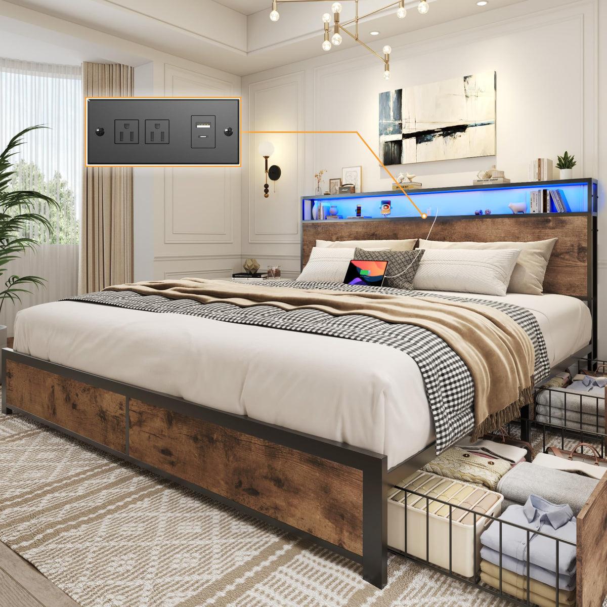 Lifezone Queen Bed Frame with 2-Tier Storage Headboard, Metal Platform Bed Frame with 4 Storage Drawers, Built in Charging Station & LED, Noise-Free/Metal Support/No Box Spring Needed, Rustic Grey
