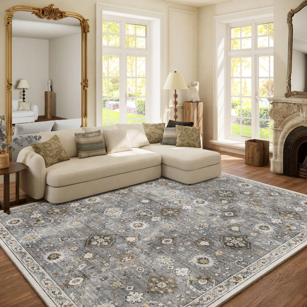 Washable Area Rugs for Living Room: 9x12 Bedroom Rug Boho Vintage Area Rug Stain Resistant Non Slip Low Pile Lightweight Soft Carpets for Dining Room Kitchen Nursery Kids Room Playroom Home Office