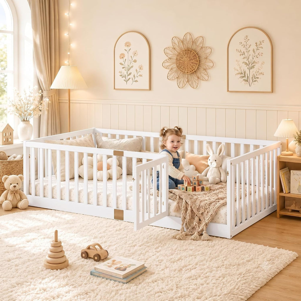Twin Montessori Floor Bed with High Rails, Door & Slats for Kids, White