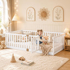 Twin Montessori Floor Bed with High Rails, Door & Slats for Kids, White