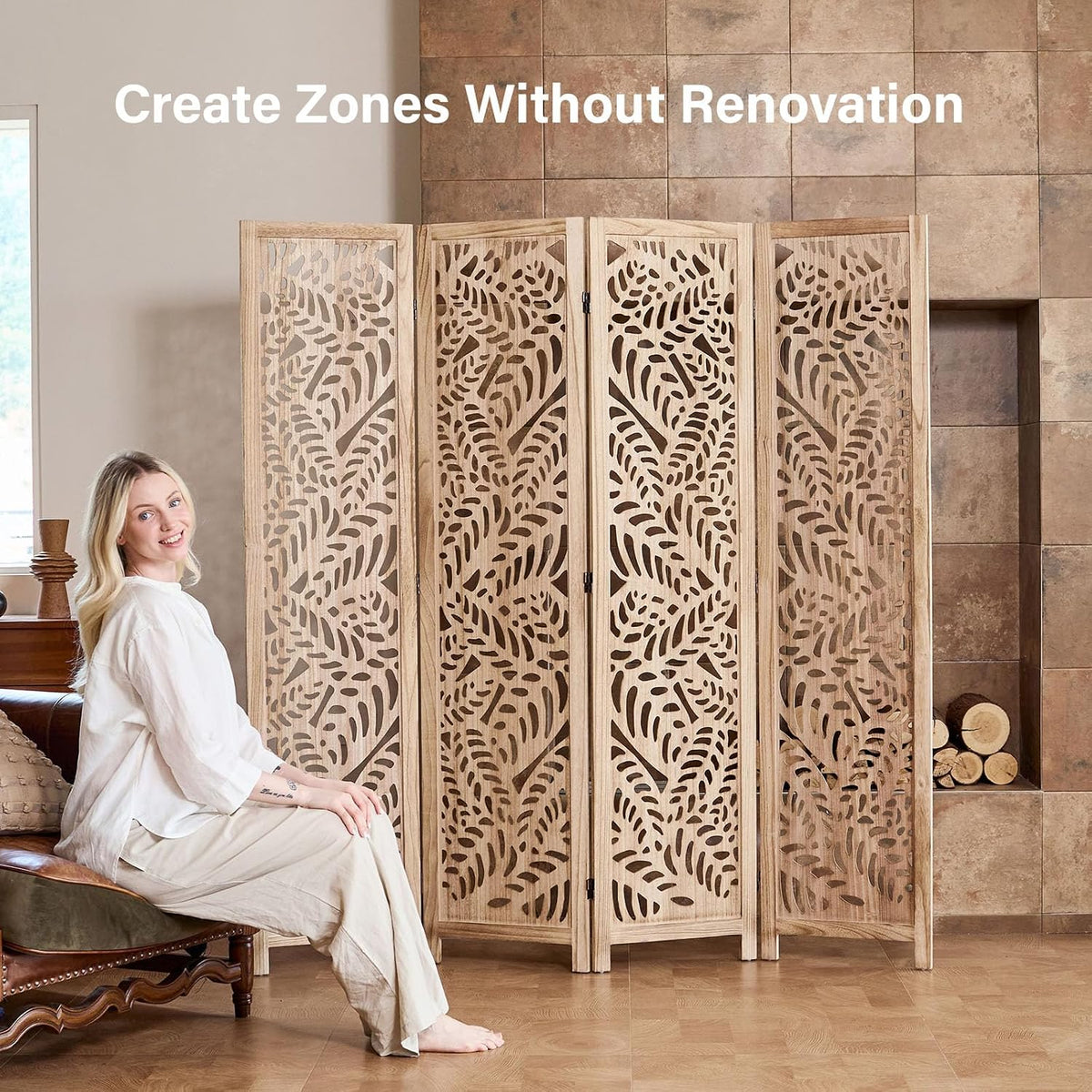 Leaf-Carved Room Divider Privacy Screen - 67 Inch Tall Foading Decorative Wood Screen Dividers Panel for Home - Natural Wood Room Partitions for Enhanced Privacy and Style Natural 4 Paned