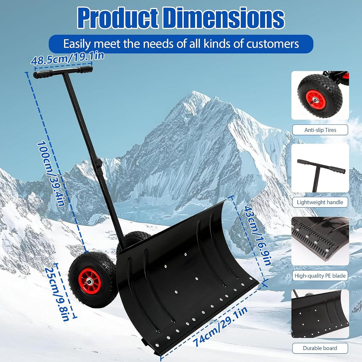 Snow Shovel with Wheels, Heavy Duty Metal Snow Pusher for Driveways, Push Snow Shovel with 5 Level Adjustable Angle & Height Handle for Snow Removal (Single Rod)