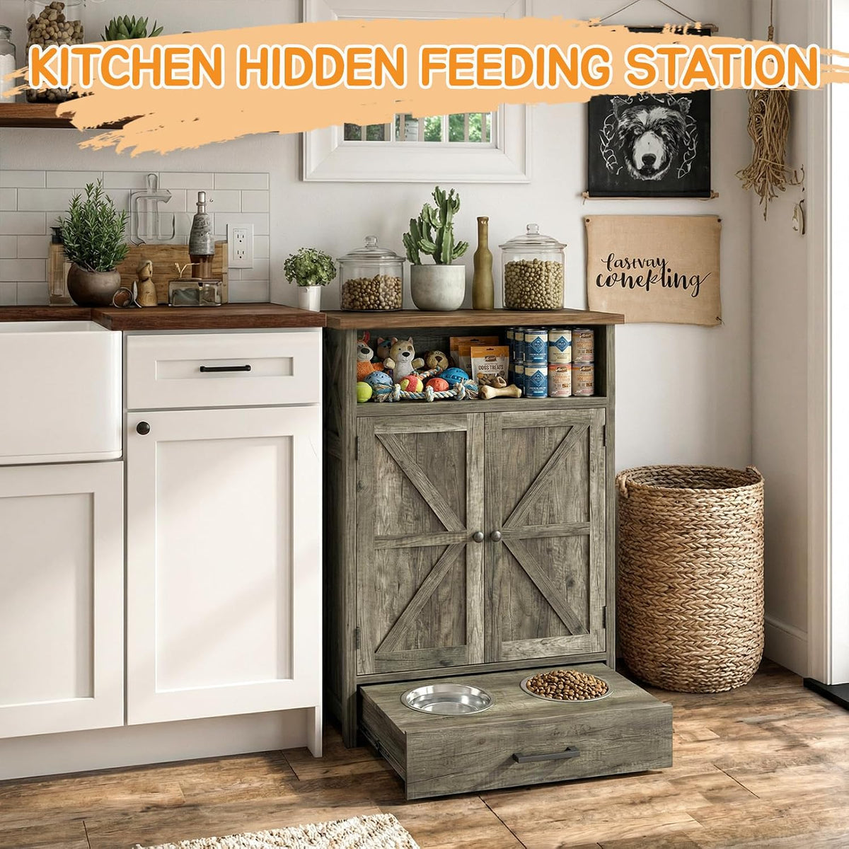 Dog Feeding Station with Storage Cabinet, Raised 2 Elevated Dog Bowls with Hidden Drawer, Pet Feeding Station with Storage, Dog Food Storage Cabinet with 3 Side Hooks, Pet Storage Station