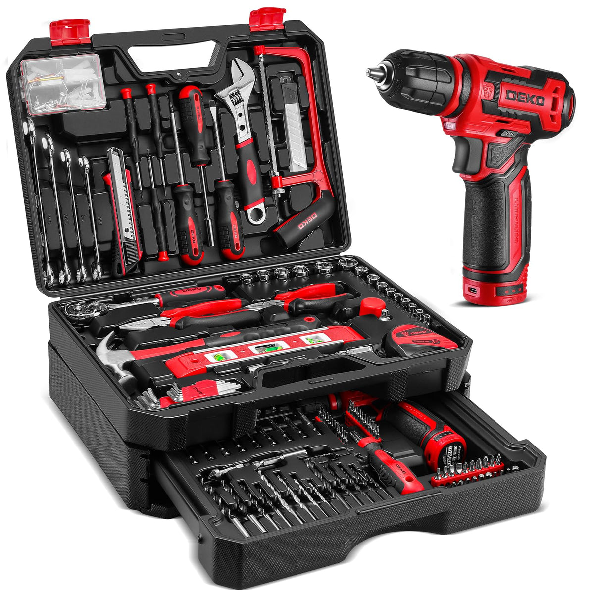 Pink Tool Kit Box Drill Set：DEKOPRO Home Mechanic Toolbox with 12V Power Cordless Drill Hand Repair Tools Sets Combo Kits Storage Organizer Drawer Case for Men & Women