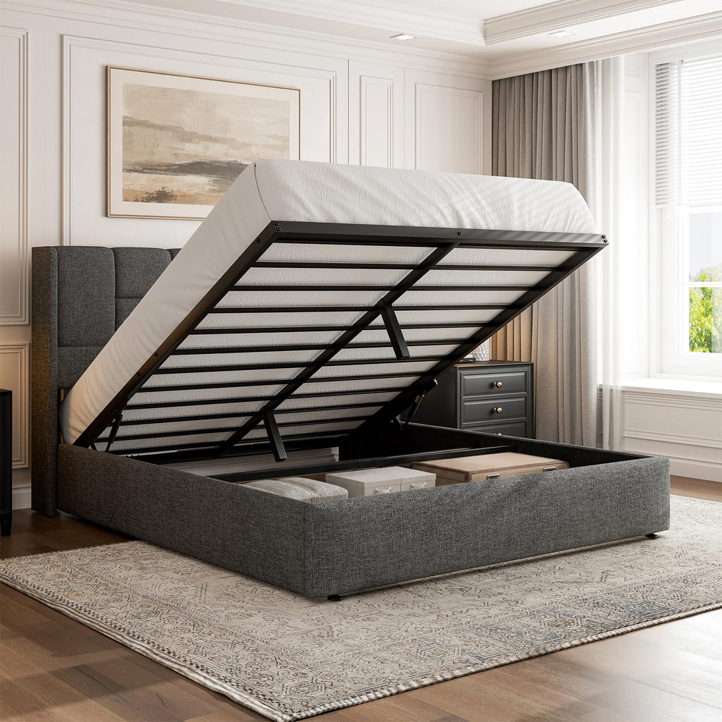 King Bed Frame with Hydraulic Gas Lift Up Storage, Linen Upholstered