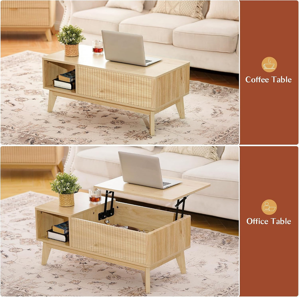 LYNCOHOME Fluted Lift Top Coffee Table with Storage, Modern Coffee Table for Living Room, Home Office(Natural)