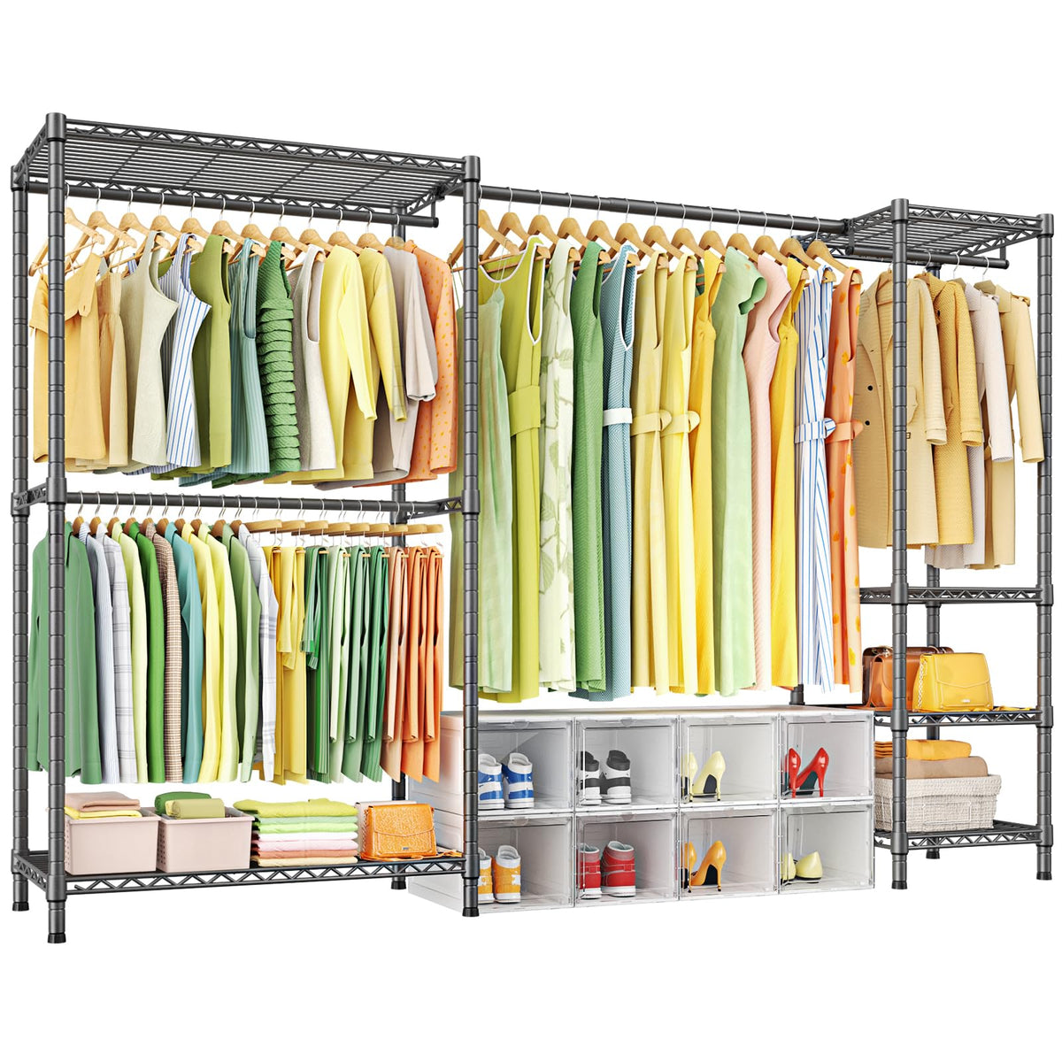 Ulif E10 Clothes Rack（With Stretchable Hanger Rod）Freestanding Clothing Racks for Hanging Clothes，Adjustable Closet Organizer System，Portable Garment Rack 73-97"W x 15" D x 72" H，Max Load 800LBS，Black