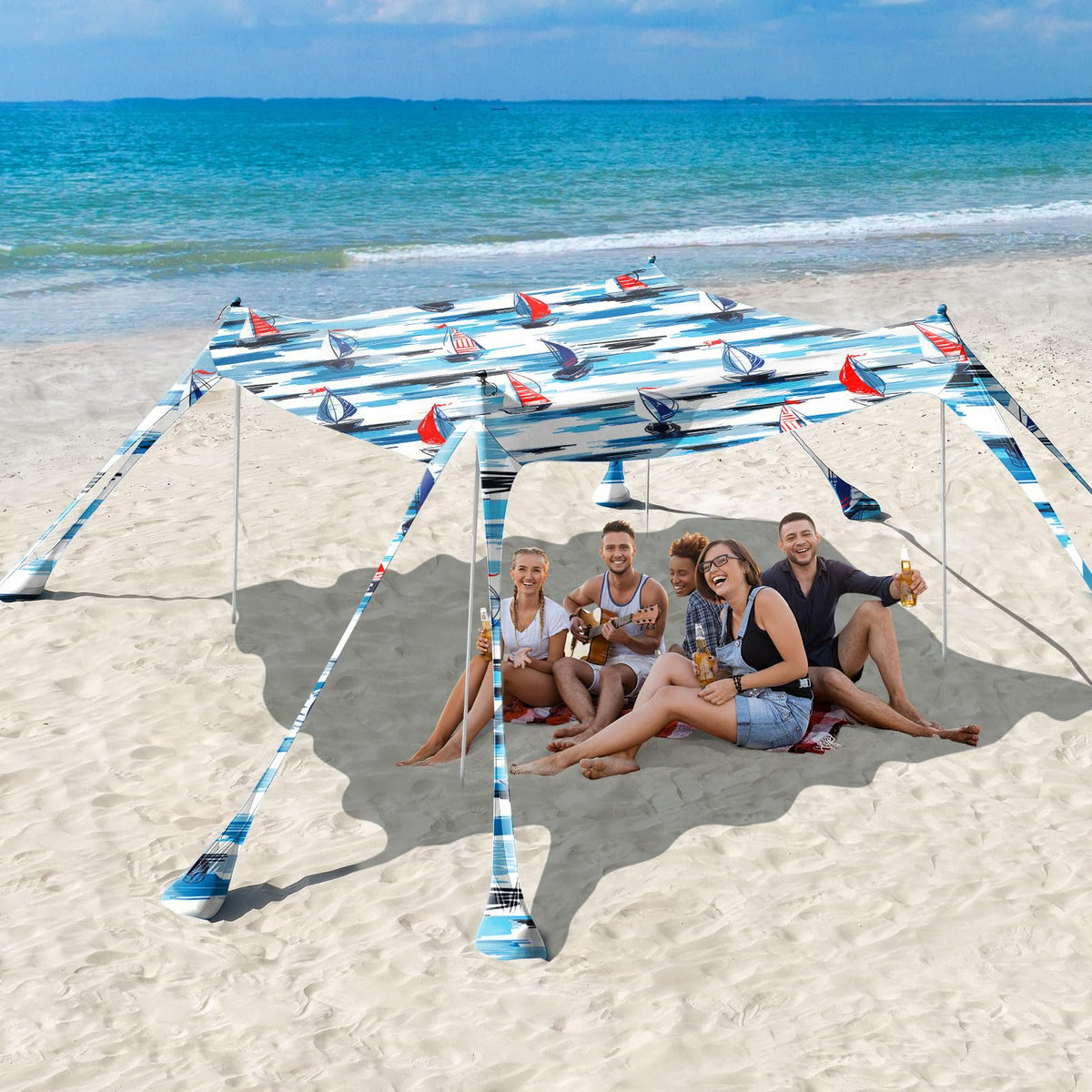 Rhino Valley 10 x 10 FT Beach Tent UPF50+ with 8 Sandbags 4 Poles, Sky Blue