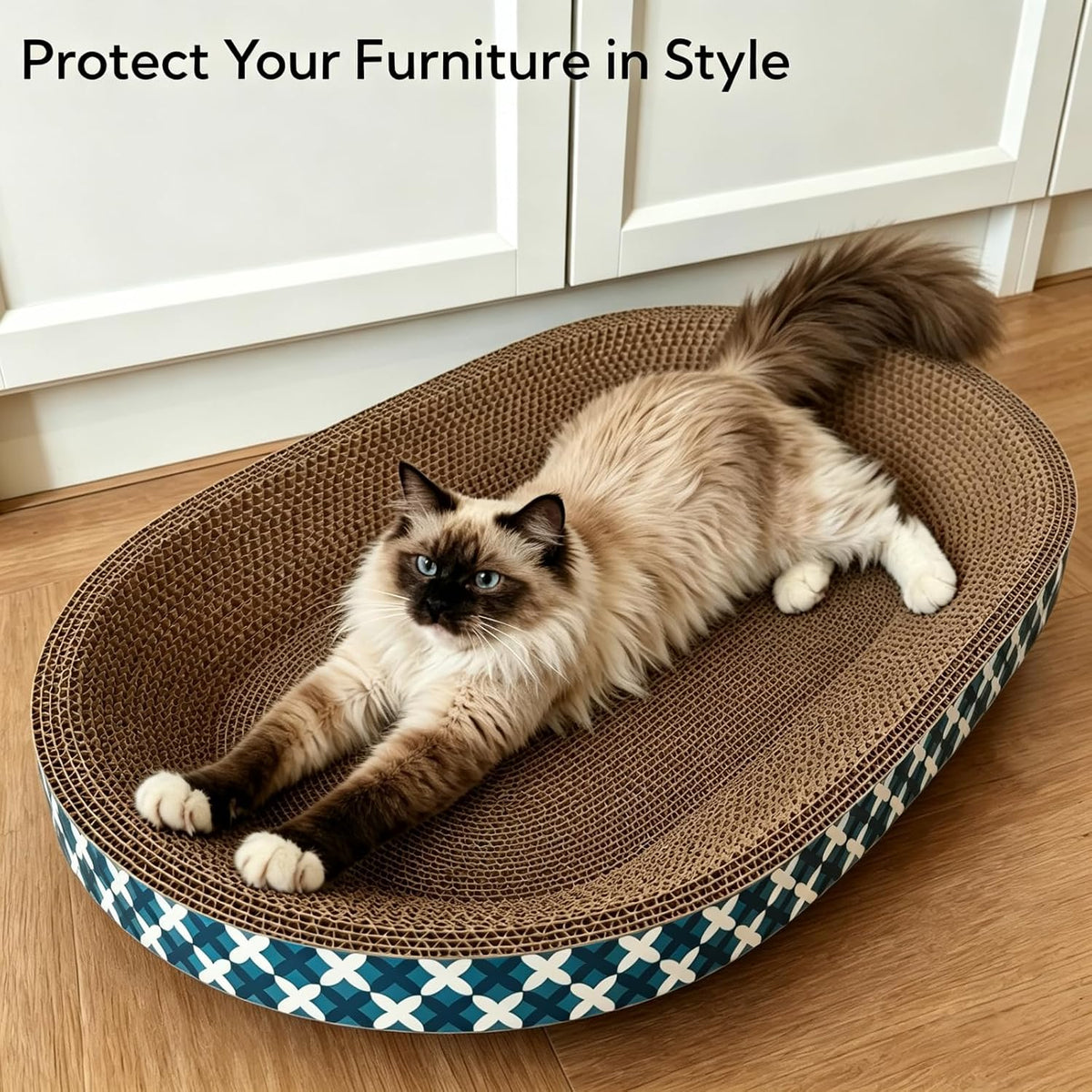 Cat Scratcher Bed with Toys, 4 Pack Oval Cat Scratcher Cardboard, Indoor Cat Scratch Bowl, Large Pad Cat Scratching Board with Catnip Fish Toy & Feather Wand for Furniture Protector