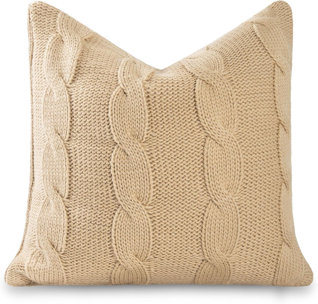 Hofdeco Premium Merino Wool Cable Knit Throw Pillow Cover, 22x22, Camel