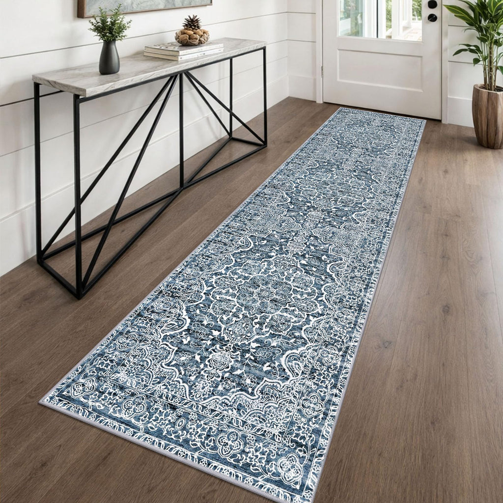 KUTA Vintage Extra Long Runners for Hallways 2.6x18ft Washable Blue White