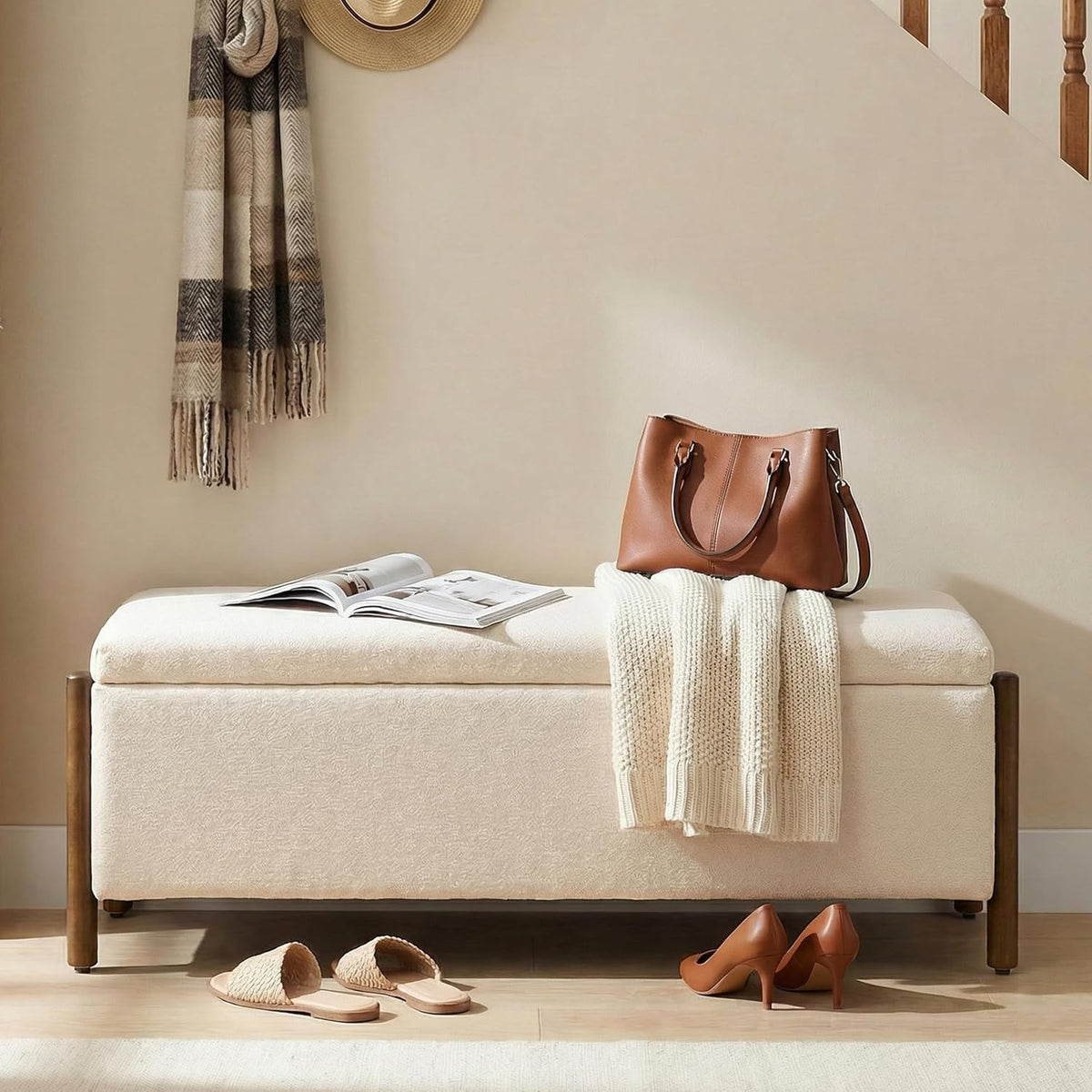 Usaint 47" Fabric Upholstered End of Bed Storage Ottoman Bench, Beige