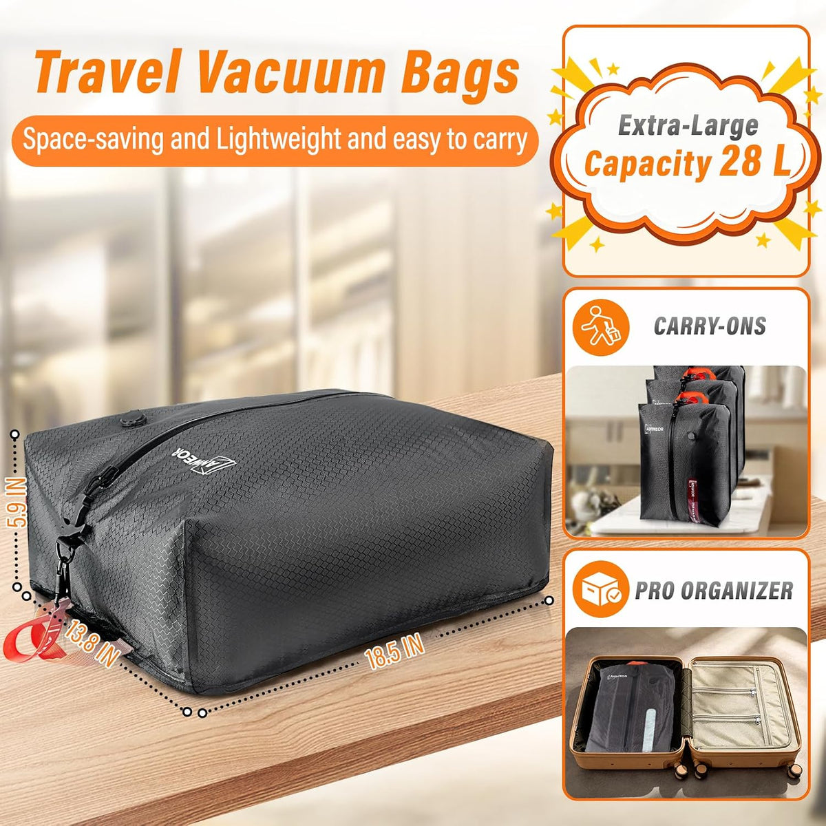 Overpack Vacuum Bags for Travel with Wireless Pump,2 Pack 28L Bag + 1 Pump