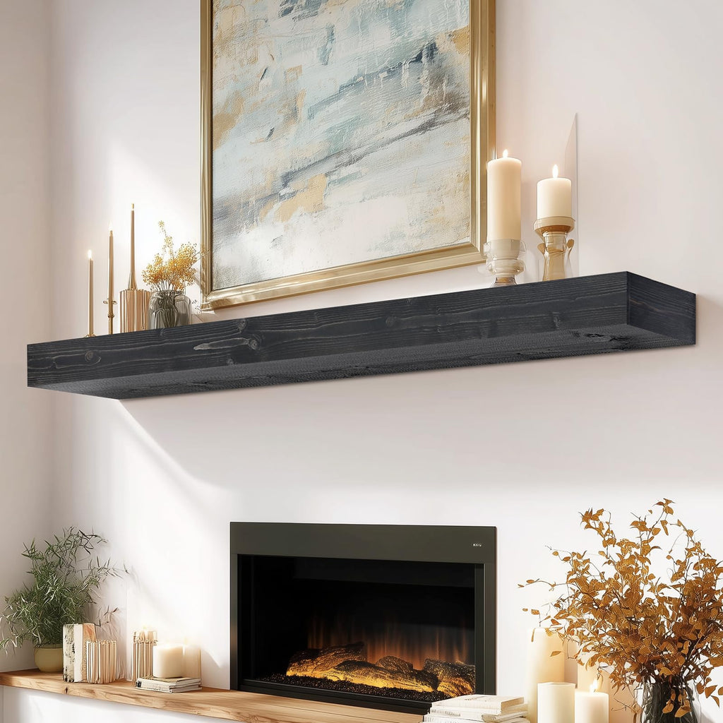 60x8x3in Rustic Fireplace Mantel Pine Wood, Weathered Brown