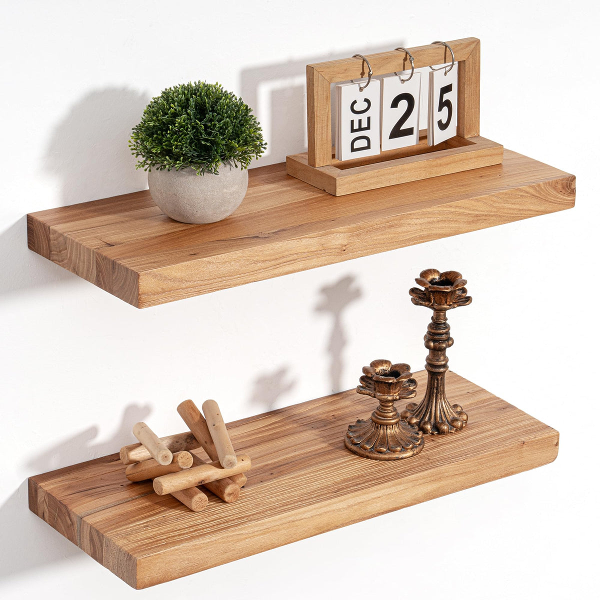 Floating Shelves for Wall, Solid Elm Wood Shelves, 24in Set of 2, Natural