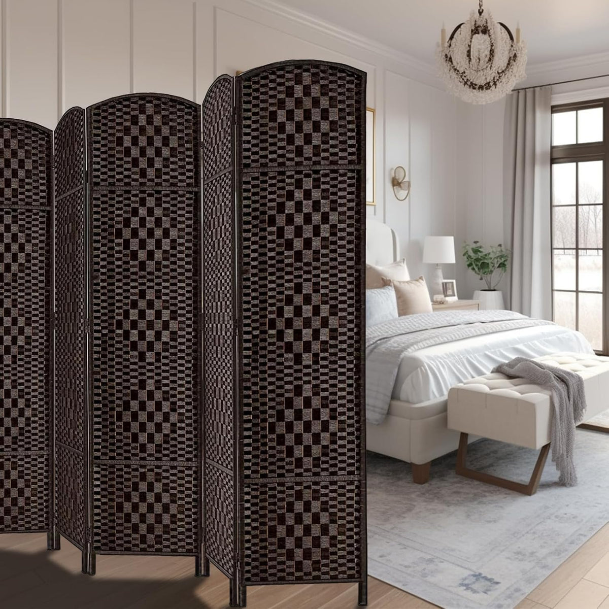 Rose Home Fashion Room Divider, 6 ft Tall Room Dividers and Folding Privacy Screens, 16in Privacy Screen 6 Panel Dark Coffee Space Temporary Wall Foldable Partition Separation
