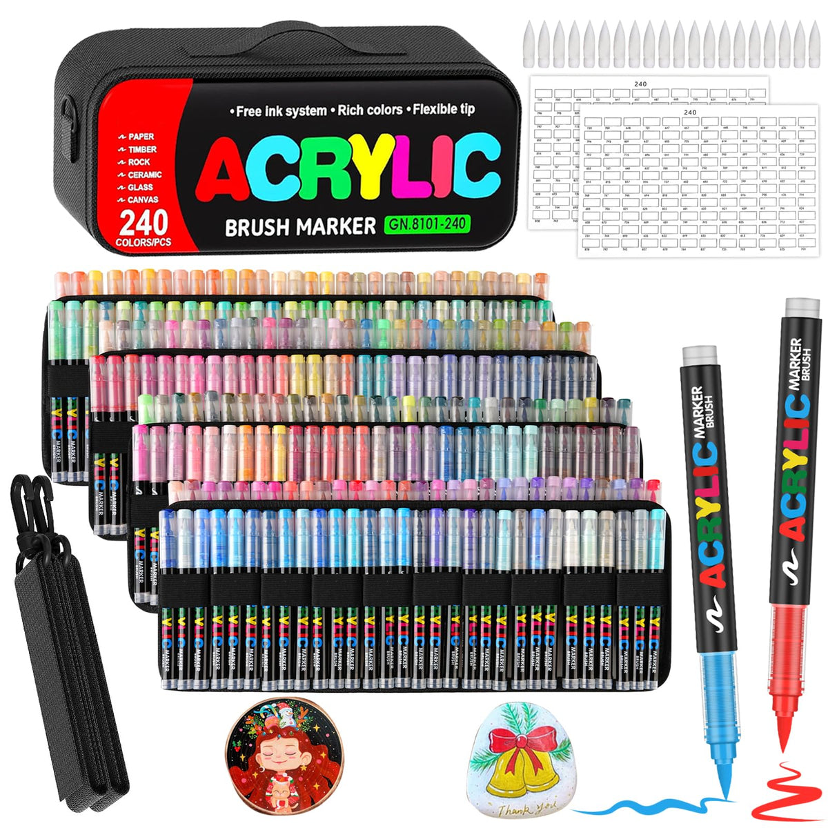 Amamao 240 Colors Soft Brush Tip Acrylic Paint Markers for Rock Painting