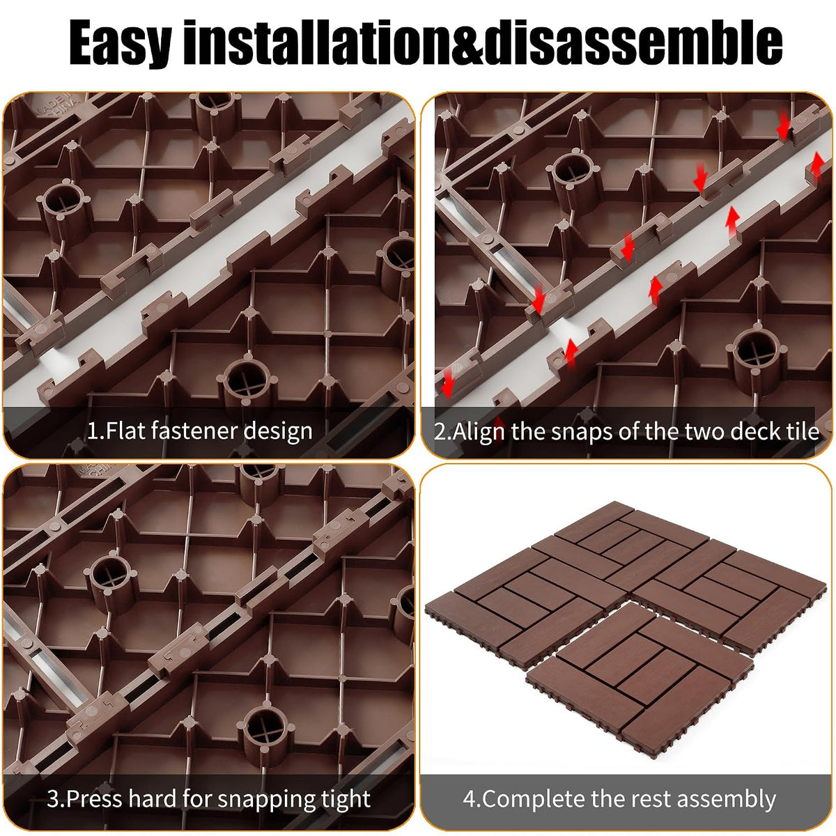 Deck Tiles for Outdoor, Plastic Outdoor Flooring Tiles, Kitchen Non Slip Polypropylene DIY Interlocking Flooring Tile Waterproof for Balcony and Patio, 44 Pcs, 12"x12" Square, All Weather Use, Brown