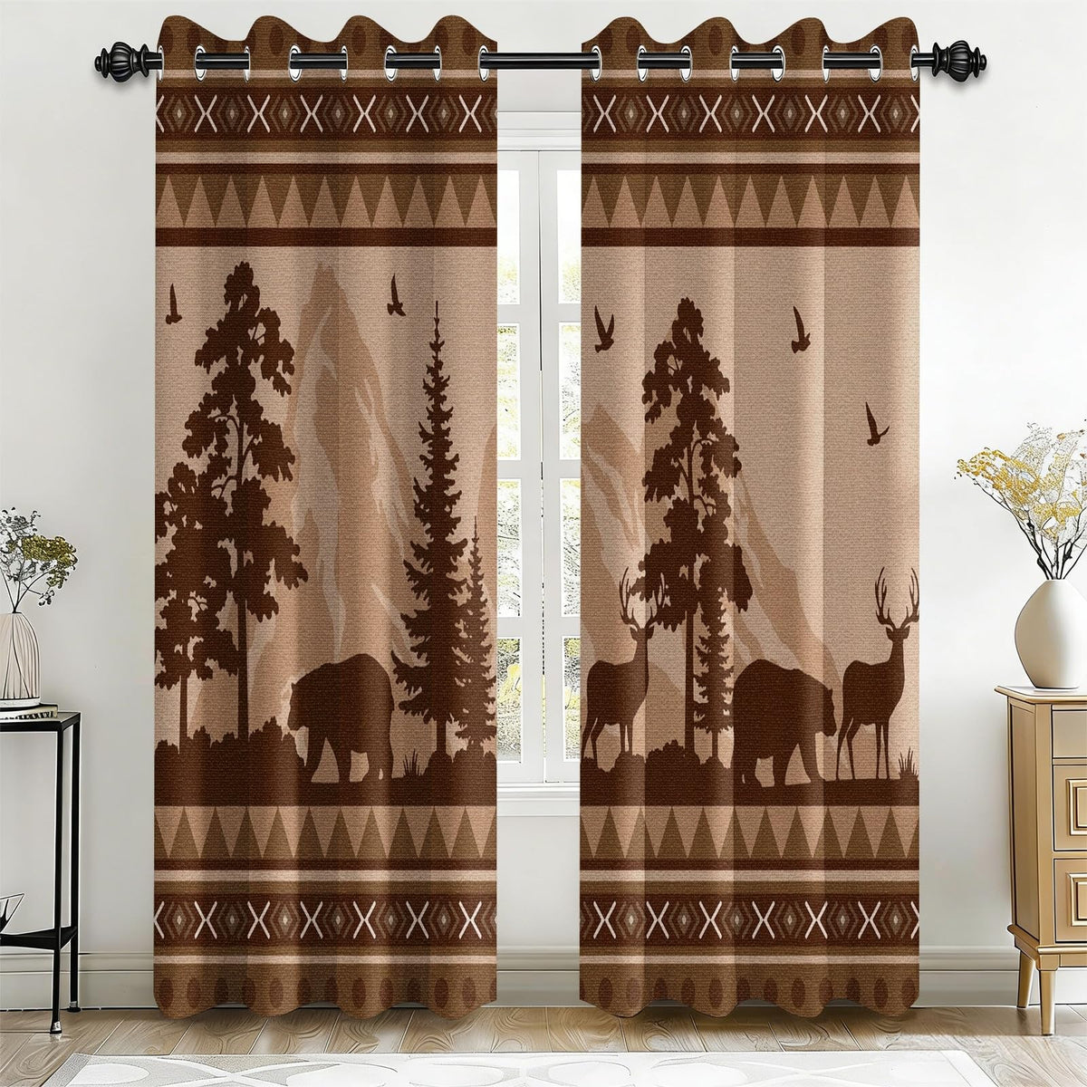 Rustic Woodland Blackout Curtains 108 Inch Long 2 Panels, Buffalo Plaid Patchwork Wildlife Bear Deer Silhouette Pine Grommet Drapes, Thermal Insulated Window Treatments for Living Room