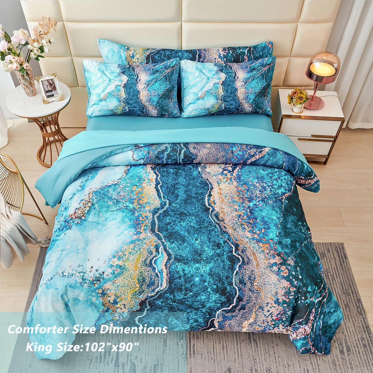 PERFEMET 6 Piece Teal King Size Comforter Set Watercolor Marble Bedding Set