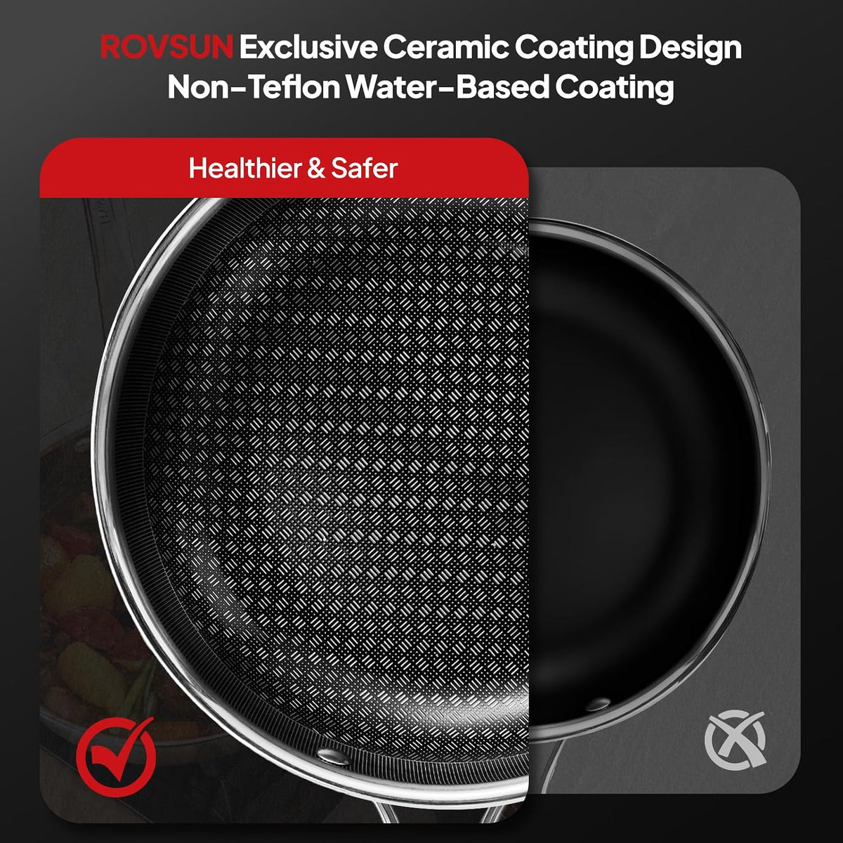 ROVSUN 10 Pcs Non-Stick Cookware Set, Stainless Steel Pots and Pans Set with Lids, Non-Toxic Kitchen Set Chef's Pan, PFOA & PTFE Free, Compatible for All Cooktops