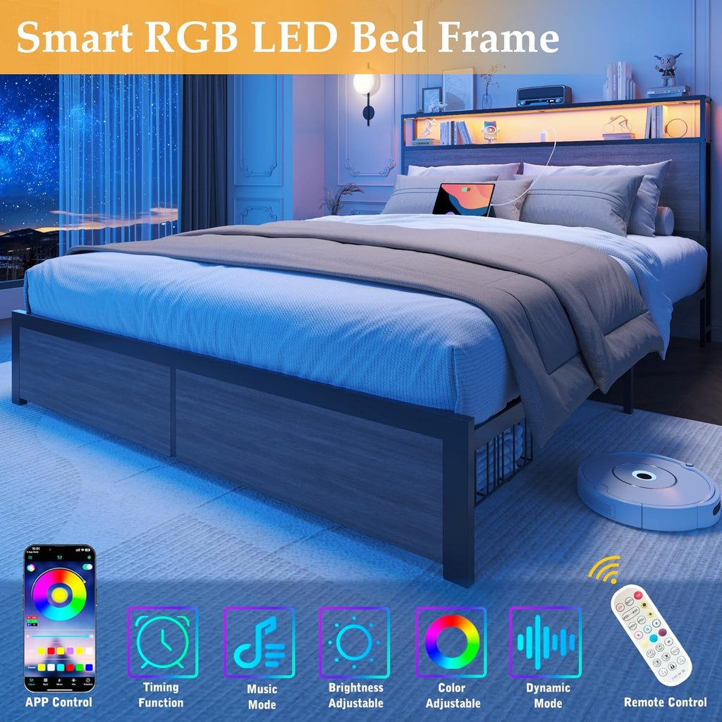 Queen Bed Frame with Charging Station, LED Lights, 2 Drawers, Rustic Grey