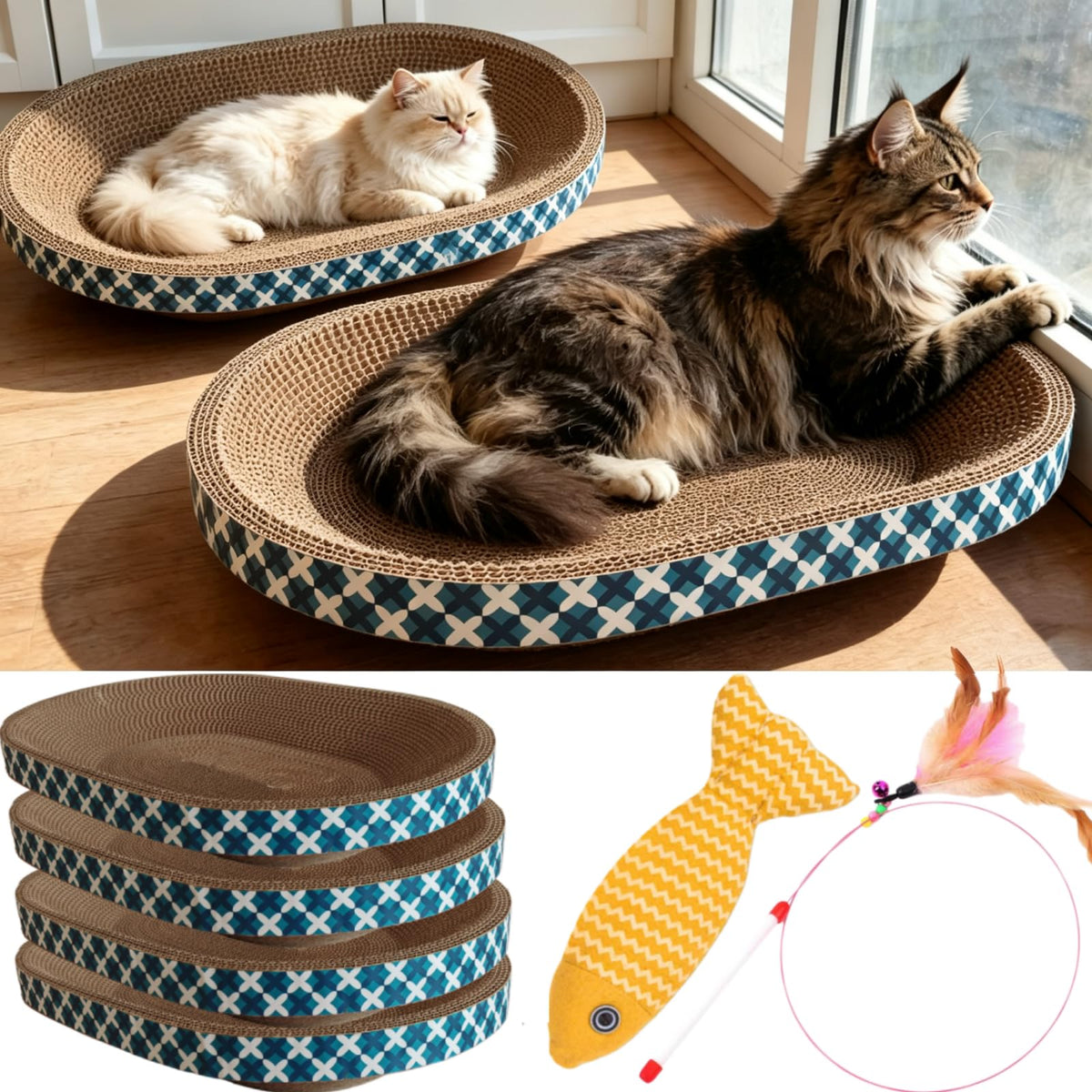 Cat Scratcher Bed with Toys, 4 Pack Oval Cat Scratcher Cardboard, Indoor Cat Scratch Bowl, Large Pad Cat Scratching Board with Catnip Fish Toy & Feather Wand for Furniture Protector