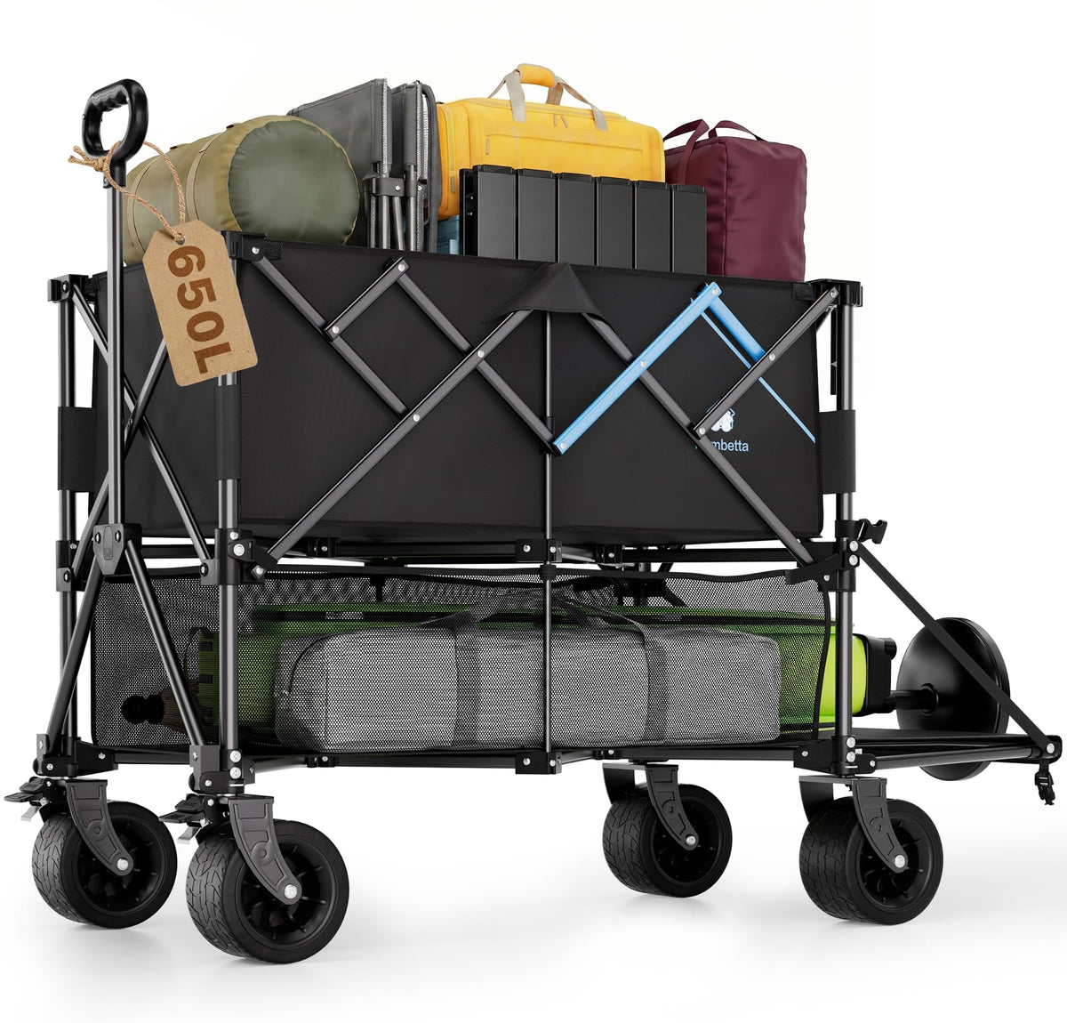 52" Heavy Duty Double Decker Wagon, 650L Collapsible Folding Wagon Cart with Brakes, 560 lbs Load, All-Terrain Big Wheels for Camping, Fishing, Sports and Transport, Black