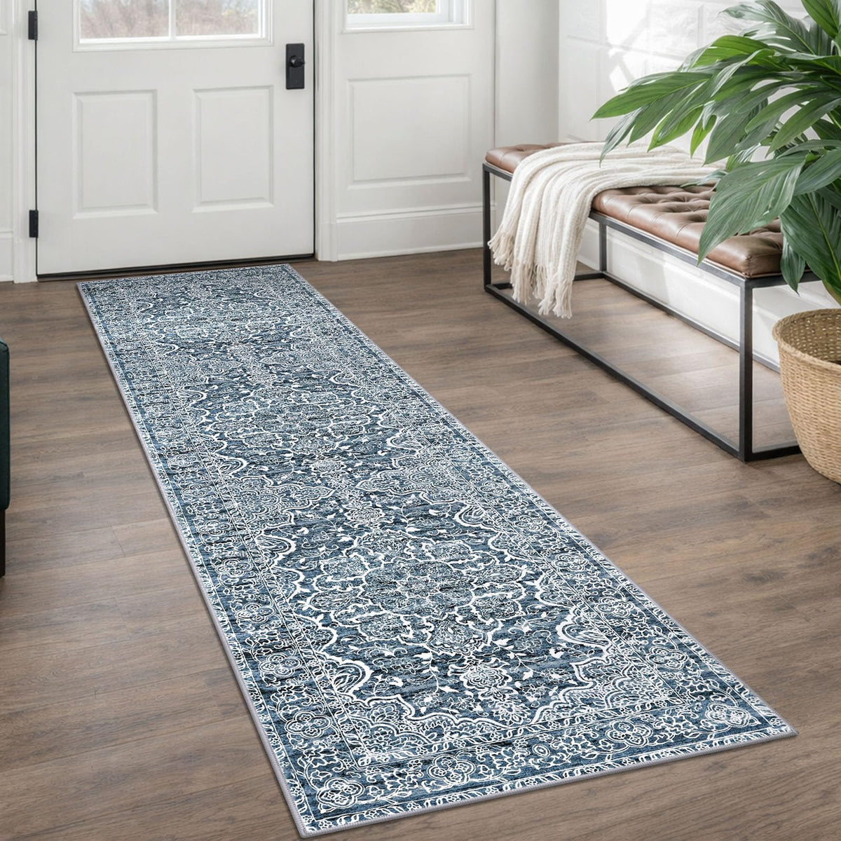 KUTA Vintage Extra Long Runners for Hallways 2.6x18ft Washable Blue White