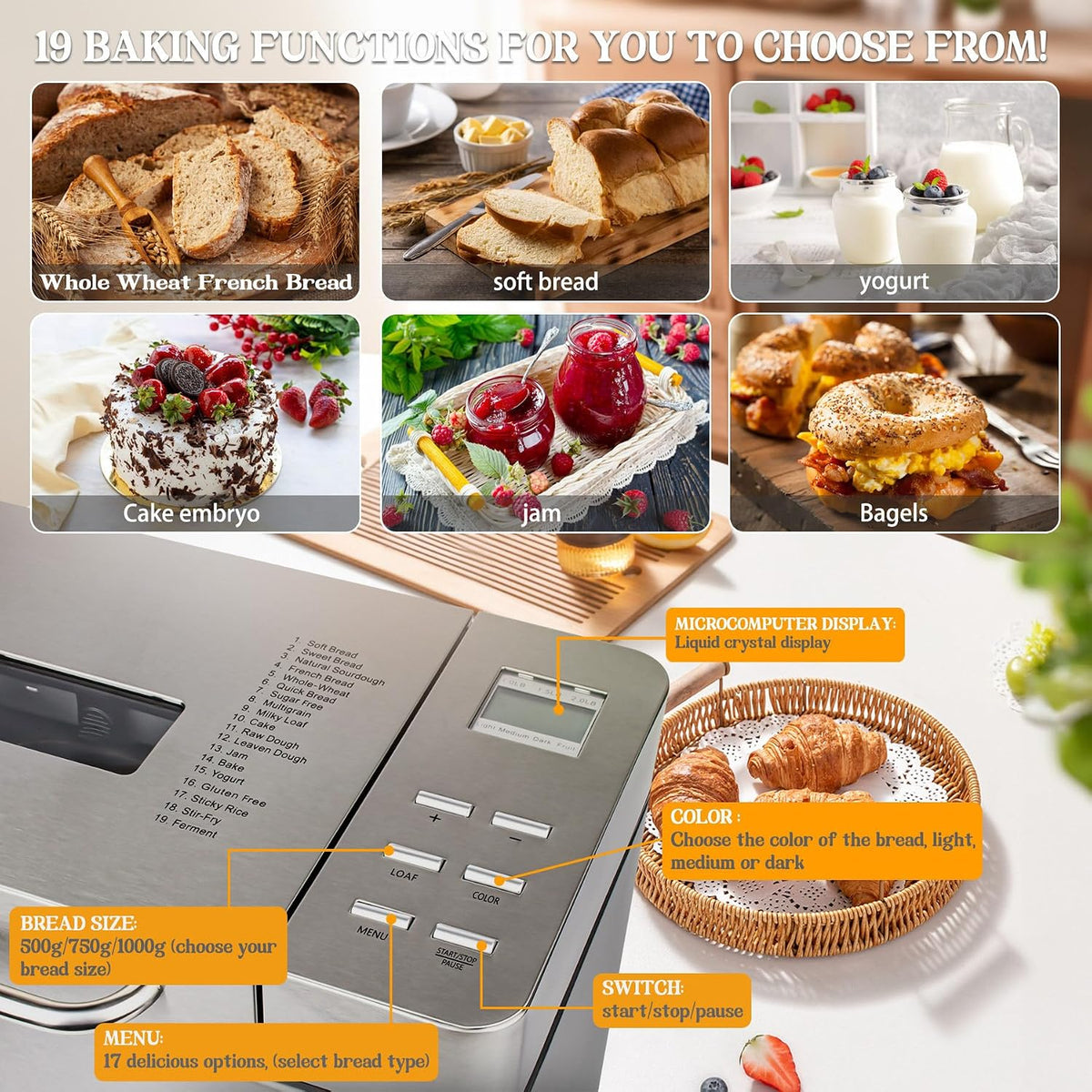 Stainless Steel Bread Machine, 2LB 17-in-1 Bread Maker with Fruit Nut Dispenser, Nonstick Ceramic Pan& Digital Touch Panel, 3 Loaf Sizes 3 Crust Colors