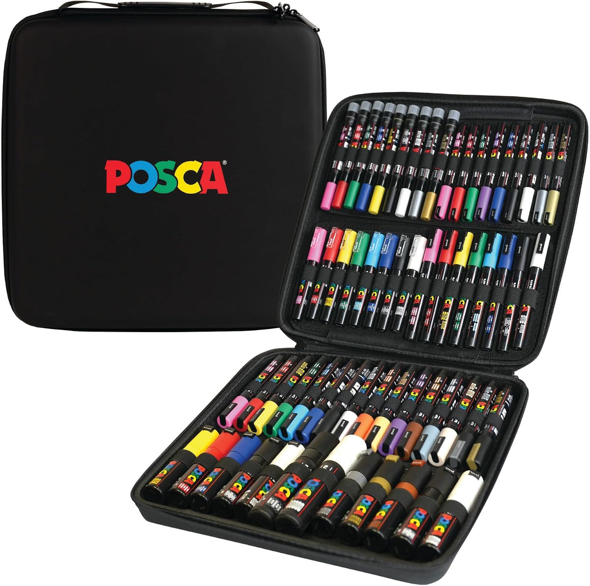 Posca Exclusive Acrylic Paint Markers Gift Set of 62 with Case, Great for Kids and Adults, For Coloring Decorations, Canvas, Glass or Wood, Includes 350, 1MR, 1M, 3M, 5M, 7M, 8K, & 17K