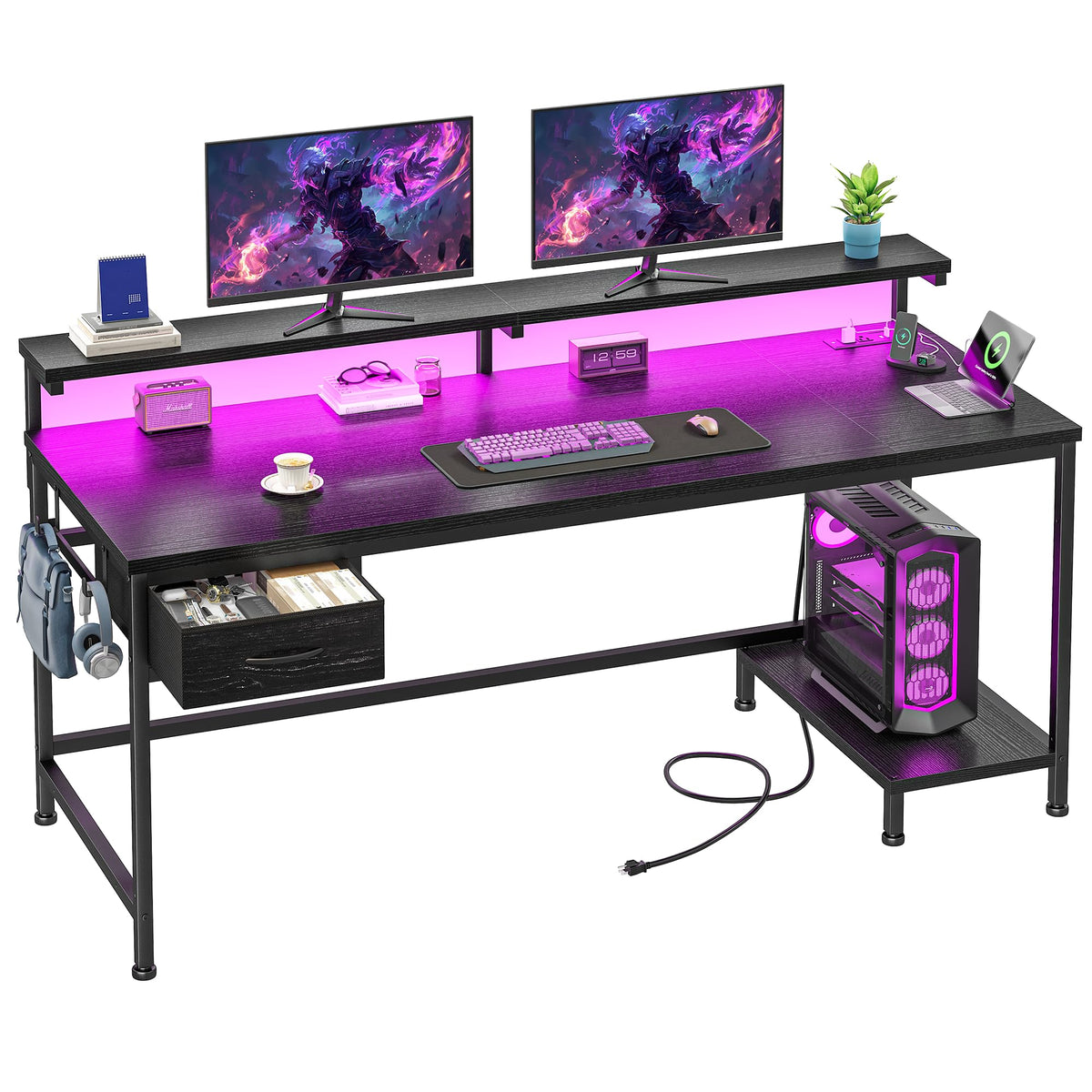 DurayLoly 47.2" Gaming Desk with Power Outlet and LED Lights,Bedroom,Black