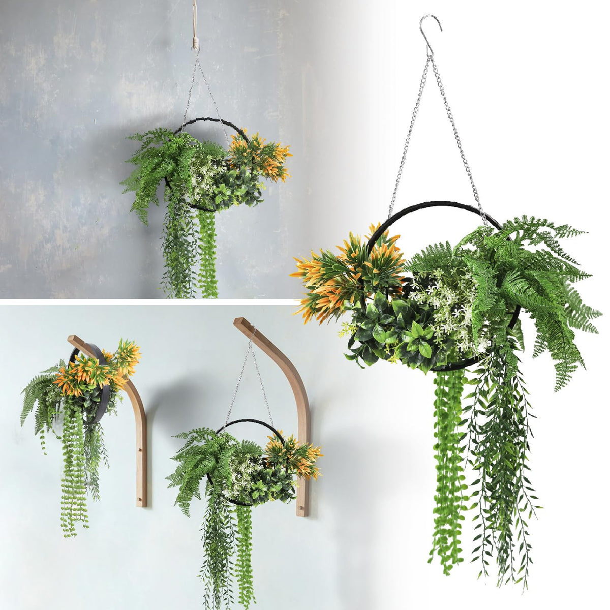 7PCS Artificial Plant Hanging Pot with Lanyard for Indoor and Outdoor Wall Decoration (Green Orange)