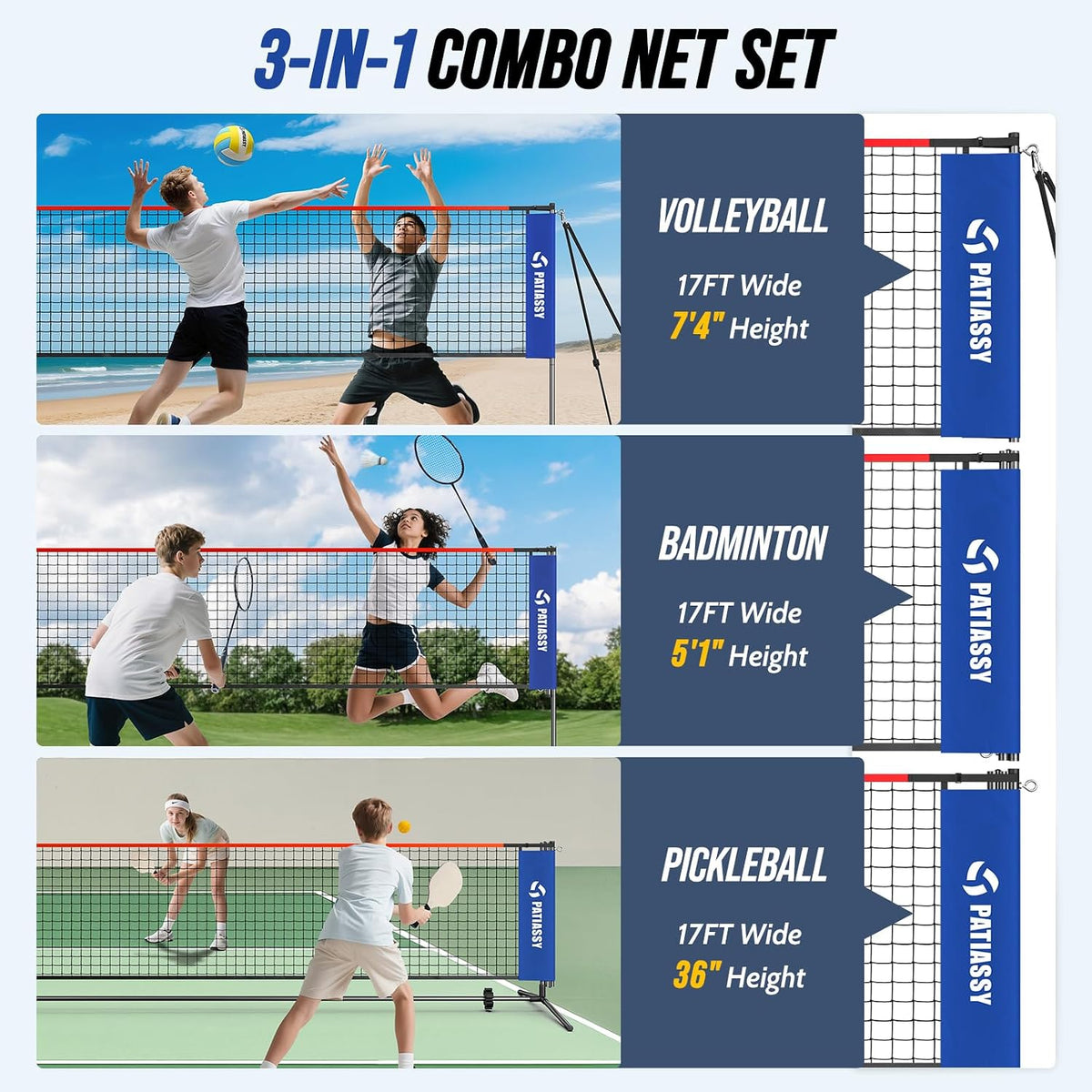 3-in-1 Volleyball Badminton Pickleball Net Set Adjustable Height