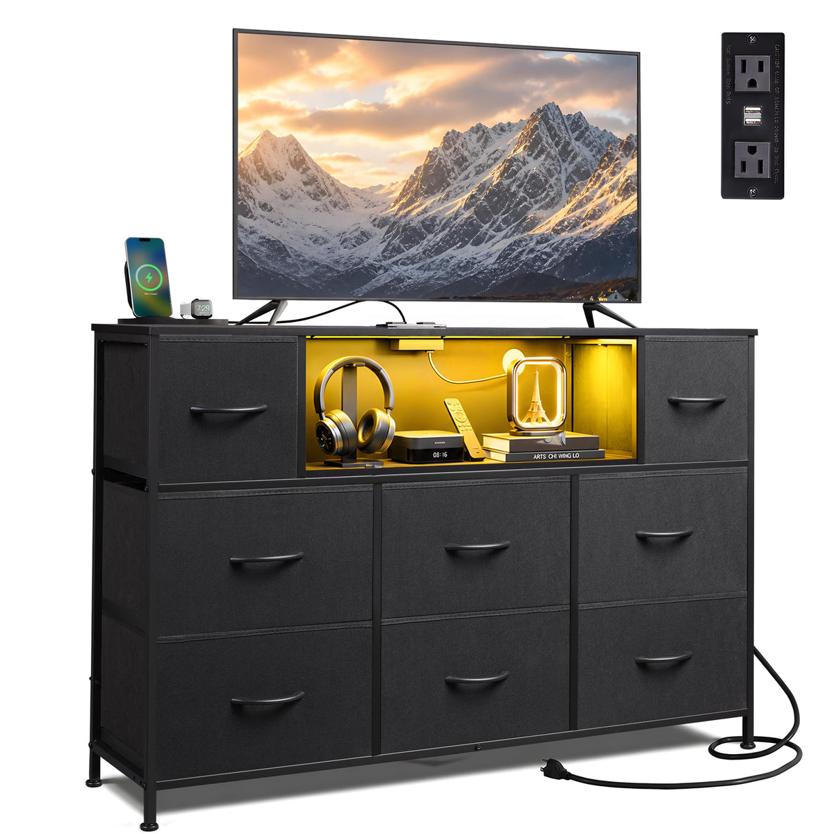 LED TV Stand for 55 Inch TV, 8 Drawers, Black