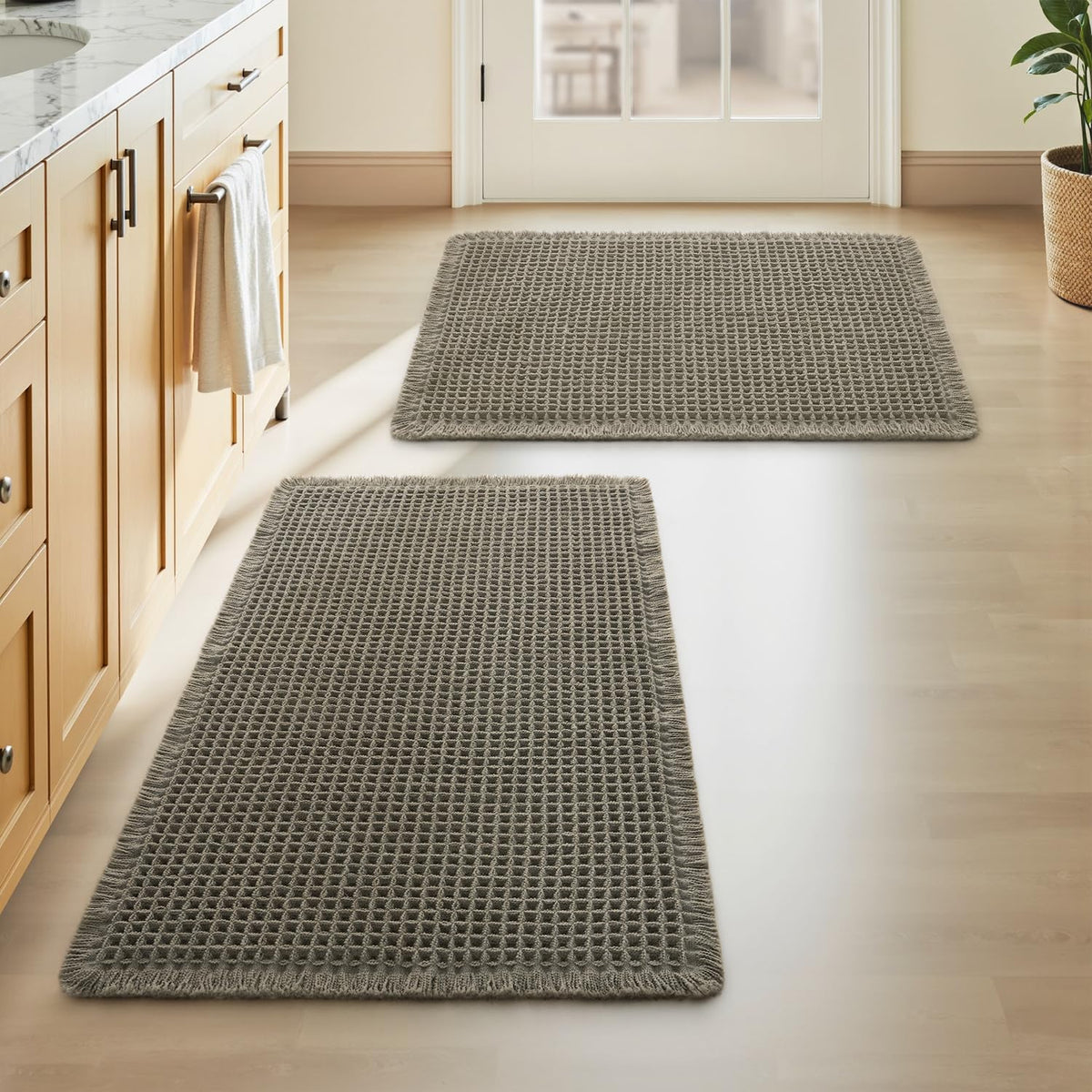 Upgraded Waffle Bath Mat Set of 2 Absorbent Bathroom Mat 18"x30" + 24"x48"