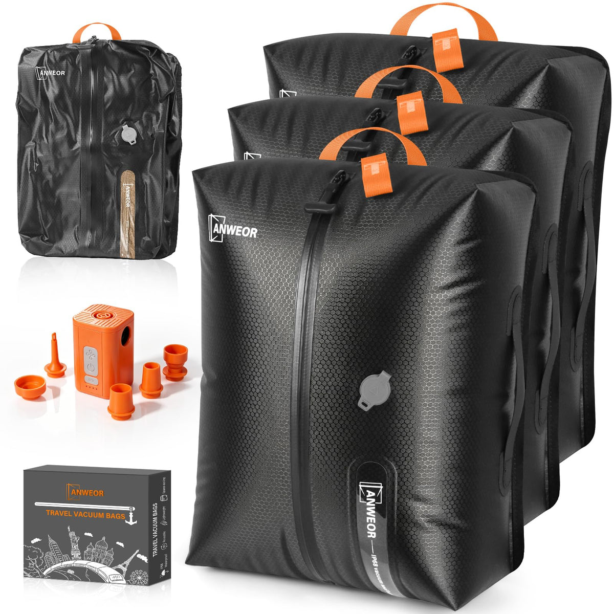 3 Pack with Vacuum Bag Travel for Suitcase, 20L Overpack Vacuum Bags w/Pump