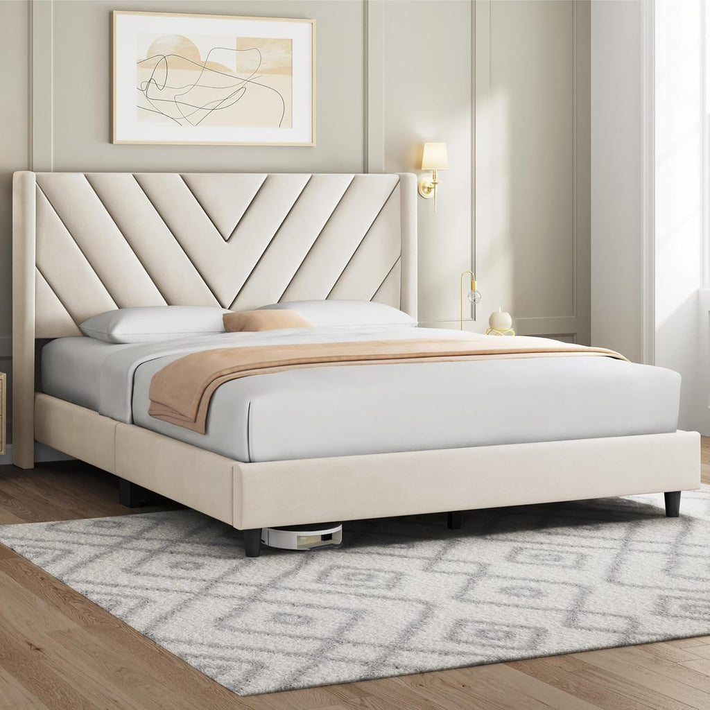 Yaheetech Queen Bed Frame with Chevron Channel-Tufted Headboard, Beige