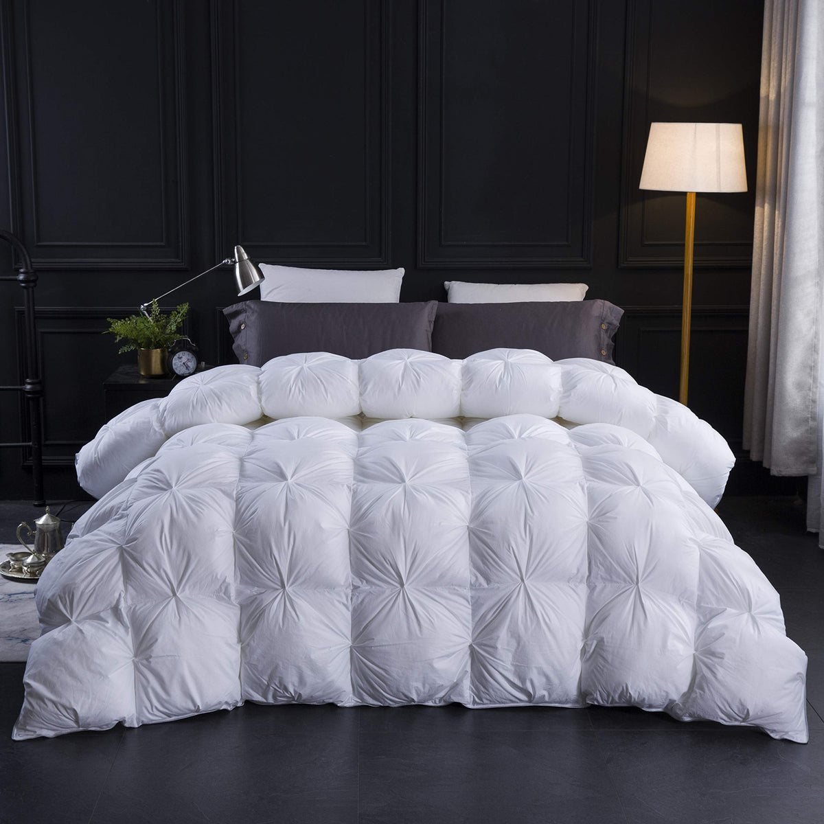 Three Geese Pinch Pleat Waterfowl Feathers and Down Comforter Queen Size Duvet Insert, 1200TC 100% Cotton Fabric, Premium All Seasons BlackGrey Warm Hotel Comforter with 8 Tabs.