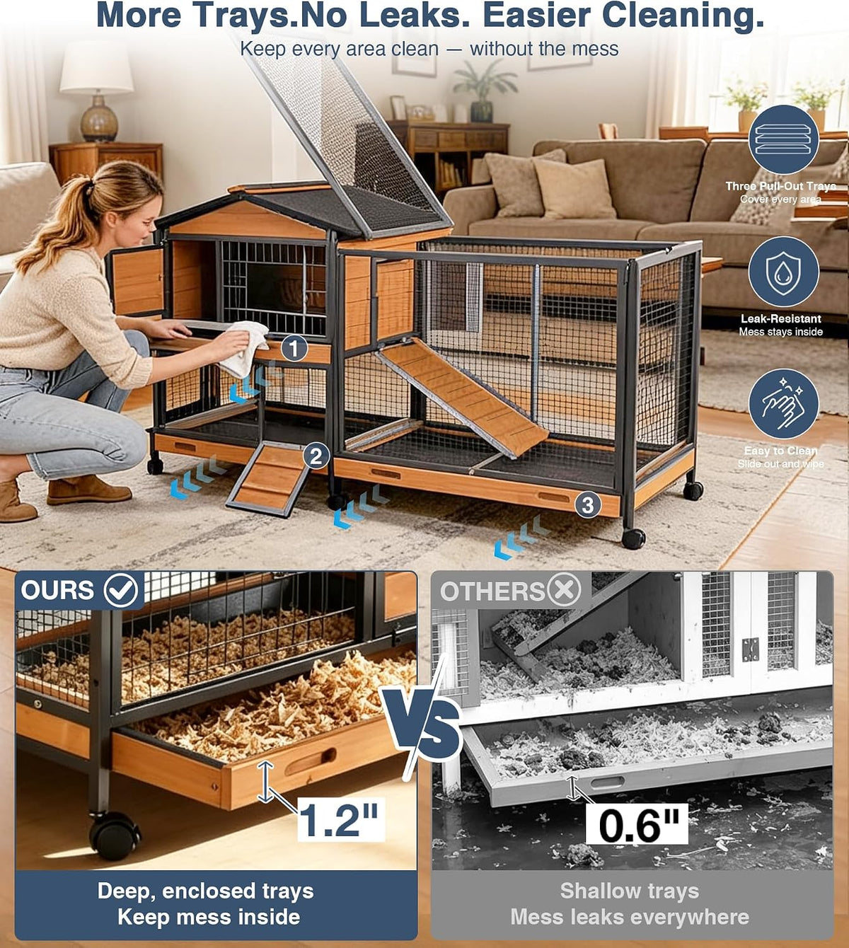 Extra Large Wooden Rabbit Hutch on Wheels with Reinforced Full Iron Frame
