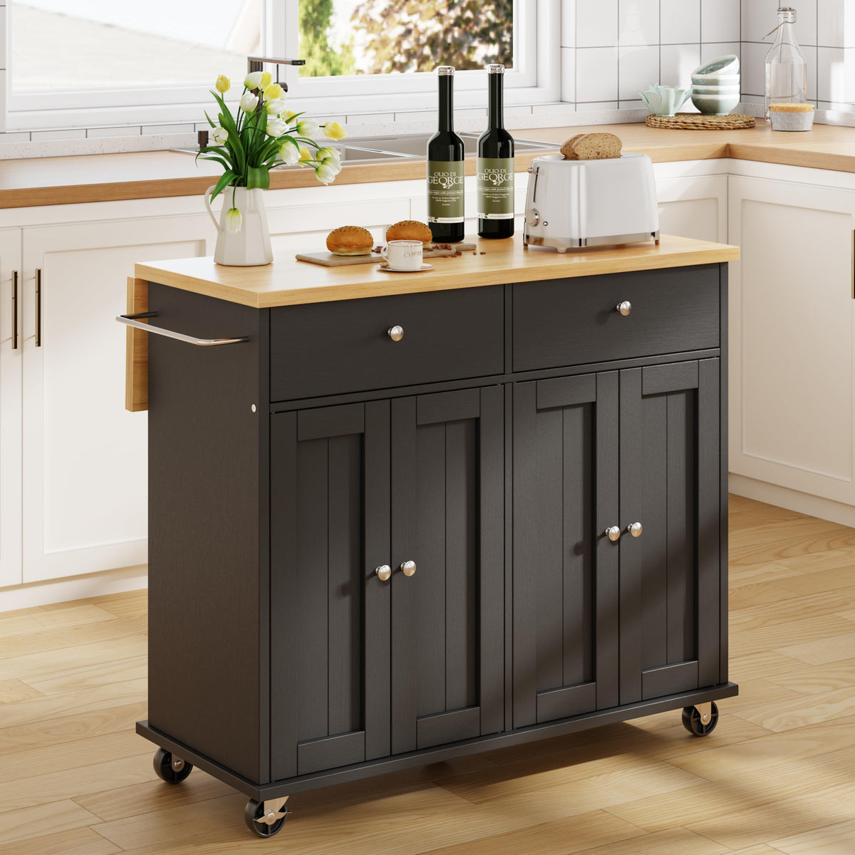 JY QAQA 39" Rolling Kitchen Island Cart on Wheels, Mobile Storage Cabinet with 2 Drawers & Double Door Cabinet, Cart Handle for Towel Rack or Free Mobility, Portable Islands for Kitchen, White