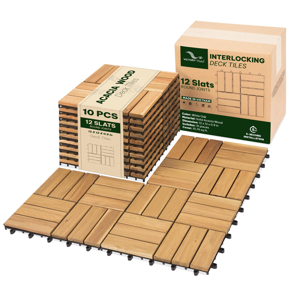 VICTORY RELAX Natural Acacia 12x12 Interlocking Wood Deck Tiles for Balcony, Garden, Patio, Poolside Decor - Waterproof Indoor & Outdoor Flooring - 12 Slats, Round Joints, Pack of 27, Natural Color