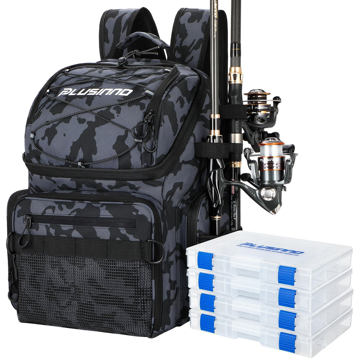 PLUSINNO Cooler Fishing Backpack with Rod Holders 45L Large Water-resistant Fishing Tackle bag Store Fishing Gear Fishing Gifts for Men Father