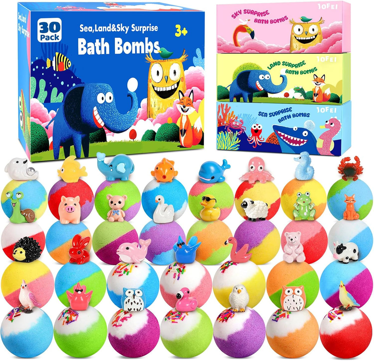 30 Pack Bath Bombs for Kids with Toys Inside, Kid Bath Bombs Gift Set with 30 Sea & Land & Sky Animal Surprise Toys, Stocking Stuffers for Kids Boys Girls, Christmas Gift, Natural Bubble Bath Fizzy