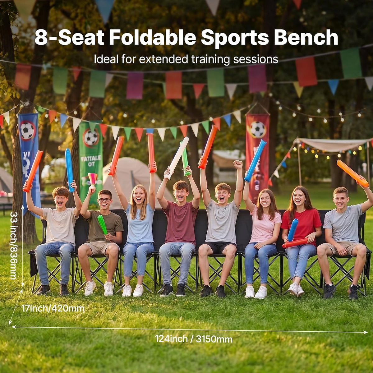 VEVOR Portable Folding Bench, 8 Seats Foldable Sideline Bench, Outdoor Camping Chair with Carry Bag & Backrest, Team Sport Sideline Bench for Football Fishing, No Assembly Instant Seating, Black
